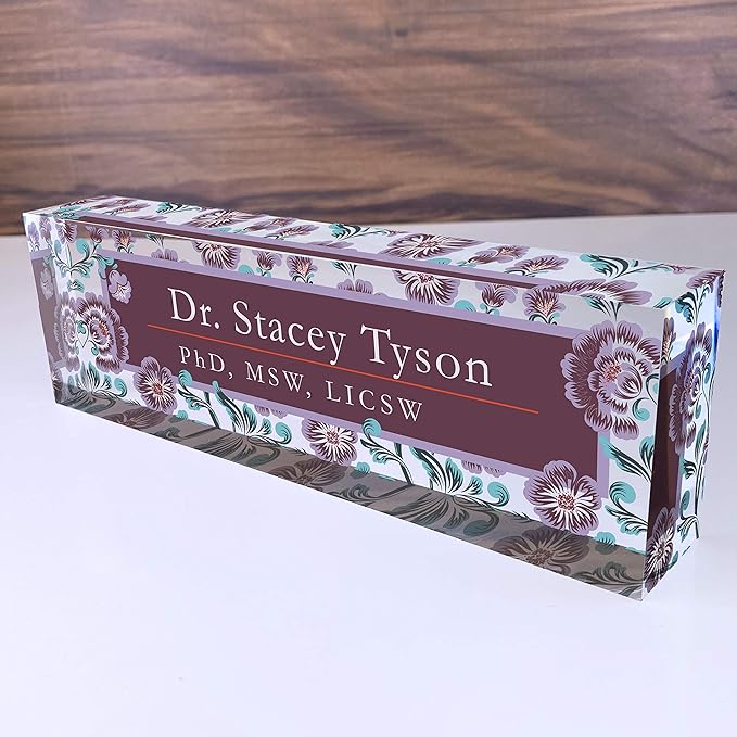 Artblox Personalized Name Plate for Desk | Vintage Design On Clear Acrylic Glass | Custom Plaque Desk Name Plate Personalized Your Name and Credentials Office Office Sign Engraved Plaque