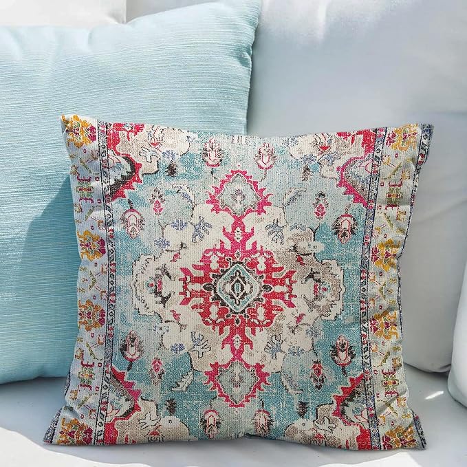 Snycler Boho Throw Pillow Covers 18x18 inch Set of 2 Boho Rug Carpet Double Sided Pattern Cotton Soft Pillow Case Cushion Cover Pillowcase for Couch Sofa Bed Decorative (Rose Red)