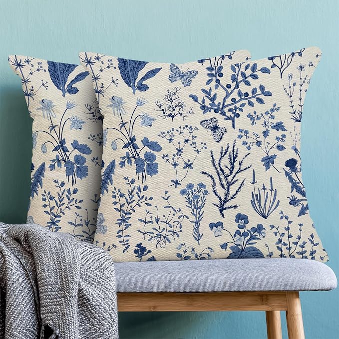 AEIOAE Summer Pillow Covers 24x24 Inch Set of 2,Navy Blue Wild Flower Plant Throw Pillows Case,Seasonal Floral Outdoor Decorative Square Linen Farmhouse Decor Cushion Covers for Home Couch Sofa Bed