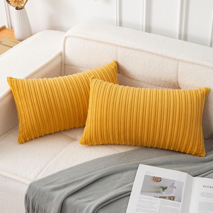 UGASA Pack of 2, Velvet Pillow Covers Striped, Soft Textured Throw Cushion Case Set, Accent Corduroy Lumbar Pillowcases with Hidden Zipper for Home Decor Indoor Outdoor (12"x20", Primrose Yellow)