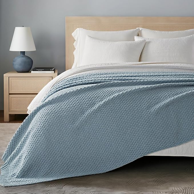 EVERGRACEHOME Chunky Chenille Knit Throw Blanket, 90 x 90, Chambray Blue | Sculpted Moss Stitch, Chic Modern Farmhouse, All-Season Warmth, OEKO-TEX® Certified, Oversized Queen for Couch, Bed, Sofa