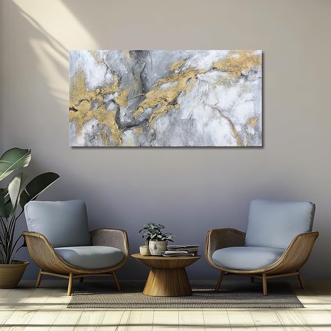 Belmrxne Abstract Art Wall Decor White and Gold Wall Art Minimalist Artwork Nouveau Canvas Painting for Living Room Kitchen Dining Room Bedroom Office 24x48 Inches
