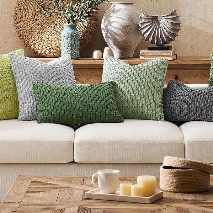 Kevin Textile Soft Corduroy 14"x24" Lumbar Pillow Cover 1 Pack, Sage Green | Boho Stripe Plush Corduroy Decorative Oblong Cushion Cover Modern Farmhouse Home Decor for Sofa Couch Bed Chair