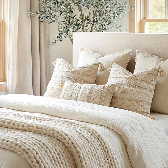 20X20 Throw Pillow Cover, Cream Neutral Beige Square Decorative Cushion Cover, Boho Accent Pillowcase with Tufted Details and Tassels for Couch Sofa Living Room (Cover Only)