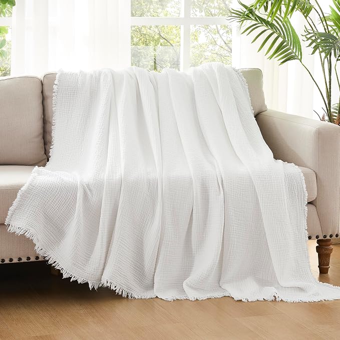 WDCOZY 100% Cotton Muslin Blanket Queen Size 4-Layer for Bed Breathable Lightweight Soft Large Boho Farmhouse Linen Tassels Ruffle Gauze Blankets All Season for Adults 90x90 Inches White