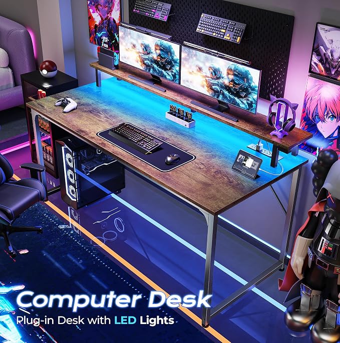 PRAISUN 48 inch Gaming Desk, LED & Outlets, Monitor Stand, Rustic Brown | Sturdy PC Desk for Home Office, Study & Work, LED Lights, 4 AC Outlets & USB-C Charging Station