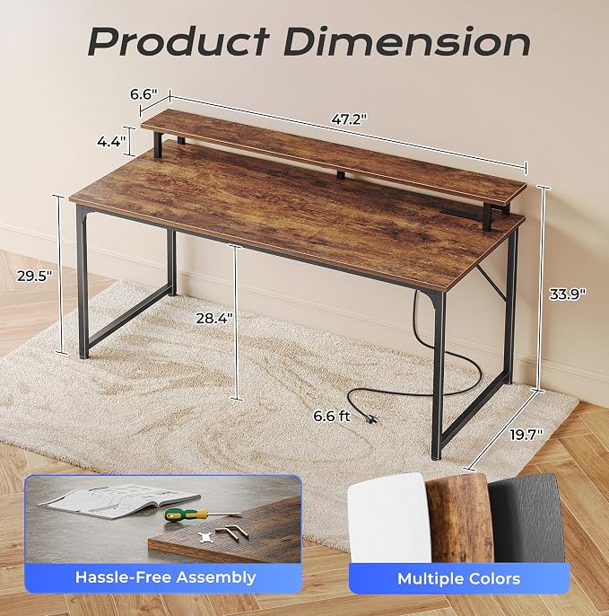 PRAISUN 48 inch Gaming Desk, LED & Outlets, Monitor Stand, Rustic Brown | Sturdy PC Desk for Home Office, Study & Work, LED Lights, 4 AC Outlets & USB-C Charging Station