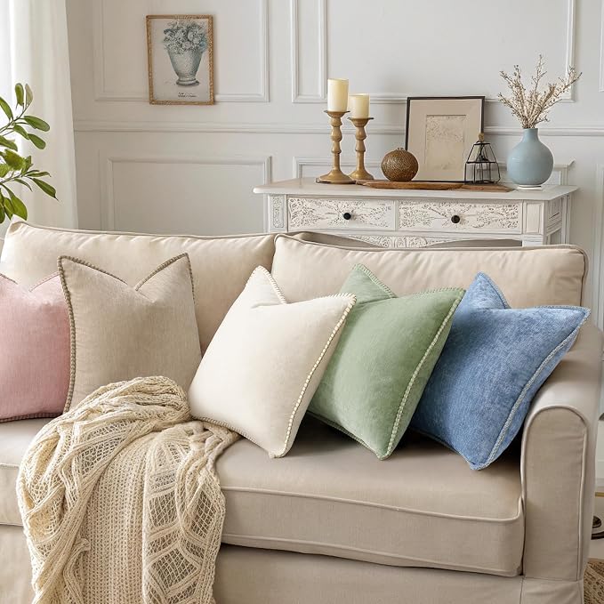 decorUhome Soft Chenille Throw Pillow Covers 26x26 Set of 2 Blue | Fall Textured Decorative Throw Pillow Cases Stitched Edge Modern Farmhouse Luxury Boho Velvet for Couch Sofa Bed Home Decor