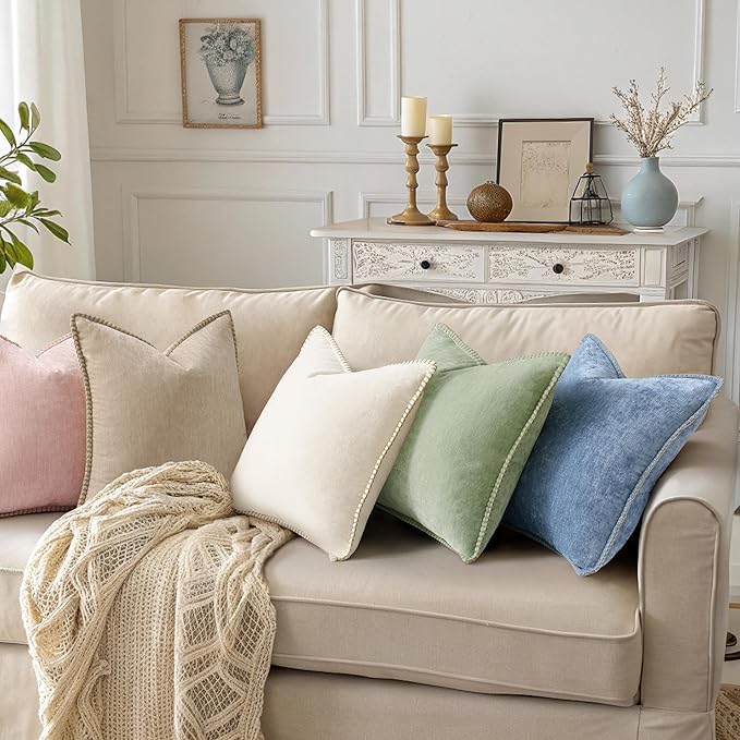 decorUhome Soft Chenille Throw Pillow Covers 18x18 Set of 2 Sage Green | Fall Textured Decorative Throw Pillow Cases Stitched Edge Modern Farmhouse Luxury Boho Velvet for Couch Sofa Bed Home Decor