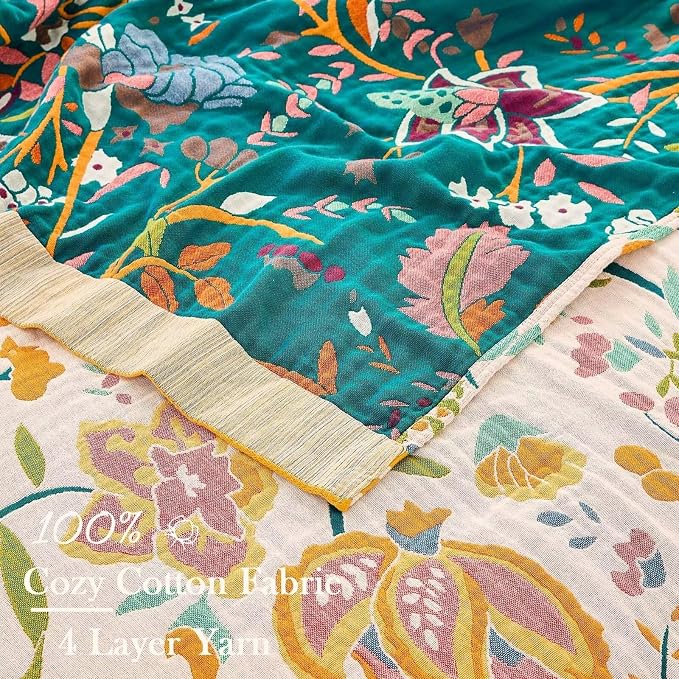 XIBLC Boho Throw Blanket for Bed, 100% Cotton Soft Rustic Quilt Fall Blanket, 60"x80" Floral Printed Farmhouse Decor Bed Blankets, All Season Rustic Reversible Bohemian Throw Quilt