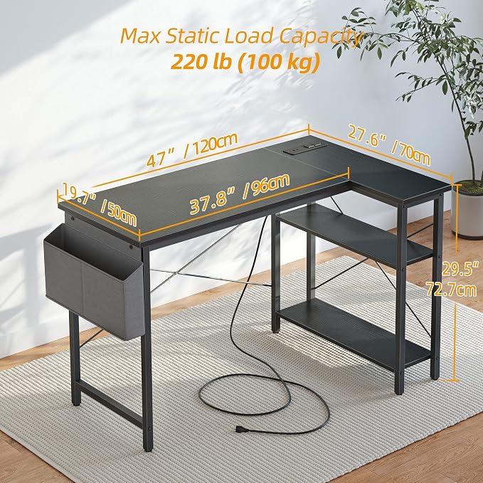 TIQLAB L Shaped Computer Desk with Power Outlets, 47 Inch Small Corner Desk with Reversible Shelves, Gaming Desk Computer Table Study Writing Table for Home Office Bedroom Small Space, Black