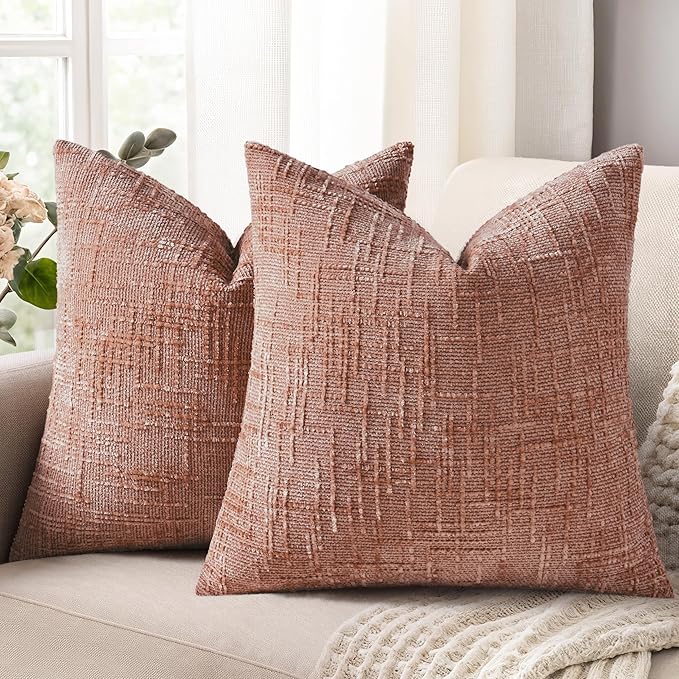 decorUhome Textured Chenille Throw Pillow Covers 18x18 Set of 2 Pink | Fall Modern Farmhouse Soft Cozy Slubby Couch Pillow Cases Boho Decorative Pillow Cases for Bed Sofa Living Room Home Decor