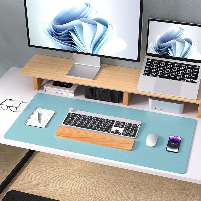 Aothia Large PU Leather Desk Pad Protector – Non-Slip Mouse Pad & Writing Mat for Office/Home, Waterproof, Easy to Clean (31.5" x 15.7", Blue Topaz)
