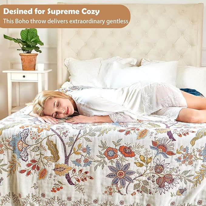 VANJOROY Boho Throw Blanket, 100% Organic Cotton Breathable Ultra Soft 91" x 108" King Bed Quilt Throw - All Season Floral Rustic Farmhouse Decor Luxury Blanket for Sofa Couch Chair and Gift