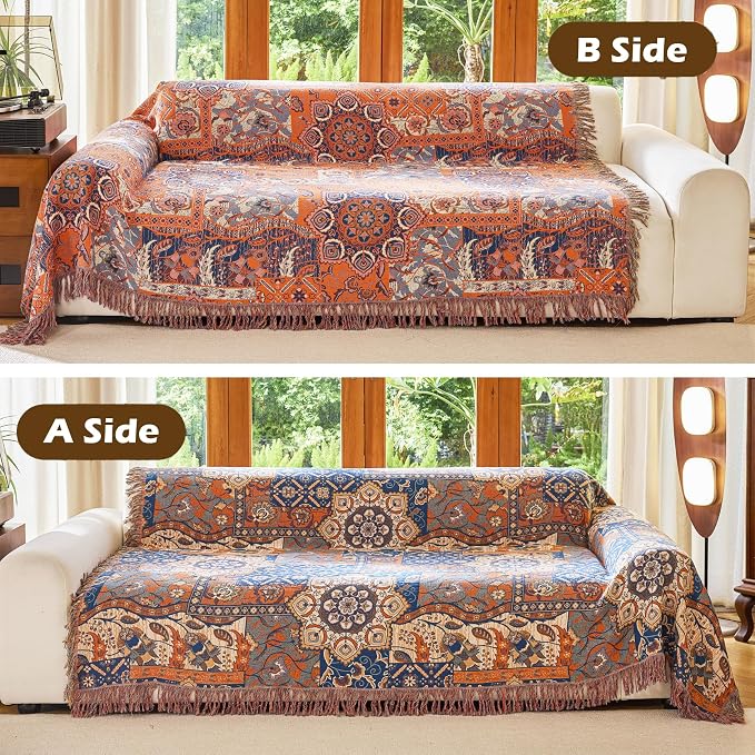 VANJOROY Boho Throw Blanket for Bed Couch 91" x 98", 100% Organic Cotton Skin-Friendly Ultra Soft Quilt Throw - Floral Rustic Living Room Decor Luxury Reversible Blanket for Sofa Chair and Gift