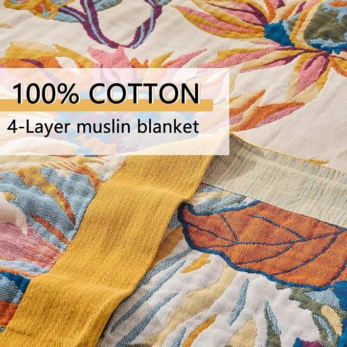 Boho Throw Blanket Farmhouse Decor Throw Blanket Bohemian Blanket for Bed 100% Cotton Muslin Woven Couch Blanket All Seasons Quilt Bedroom (D-Yellow, 60"x80")