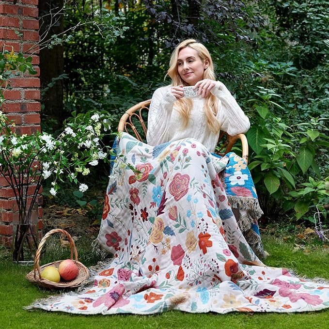 LUTBM Boho Throw Blanket for Bed 60"x80", All Season Cotton Couch Blankets | Reversible Floral Leaves Jacquard, All-Season Twin Lightweight Breathable Quilt, For Chair Sofa Bedroom Living Room Decor