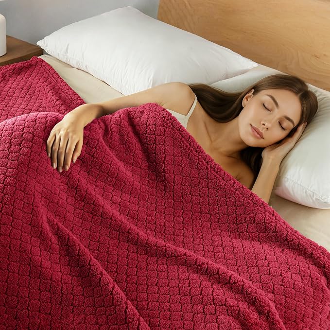 Exclusivo Mezcla Soft Fleece King Size Blanket for Bed, Deep Red | Jacquard Lightweight Cozy Bed Blanket, Breathable Decorative Fuzzy Textured All Season Use, 90x104 Inches