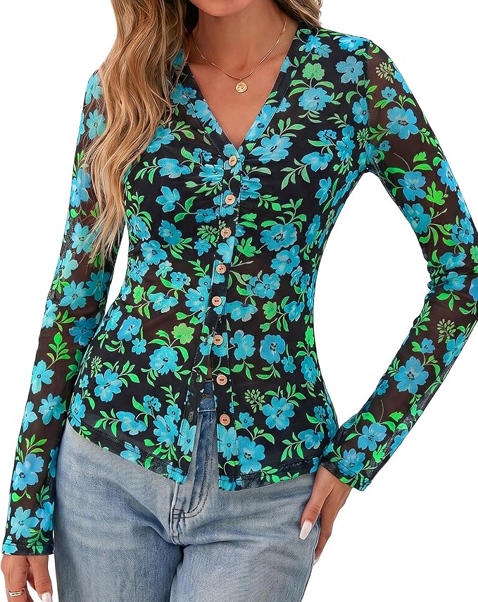 BTFBM Button Down Shirts for Women 2026 Fall Boho Tops V Neck Long Sleeve Blouses Ruched Mesh Fitted Fashion Clothing
