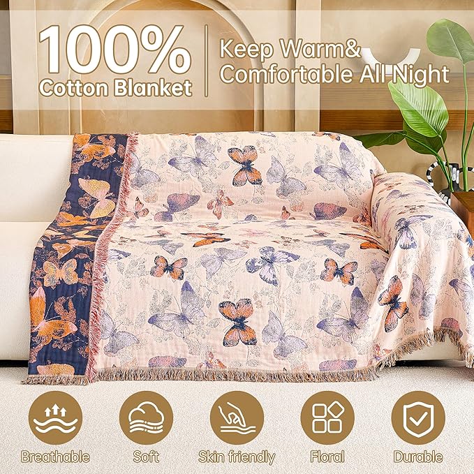 VANJOROY Boho Throw Blanket, 100% Organic Cotton Breathable Ultra Soft 60" x 80" Bed Quilt Throw - All Season Floral Rustic Farmhouse Decor Luxury Reversible Blanket for Sofa Couch Chair and Gift