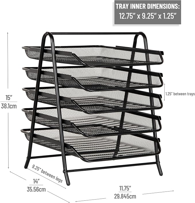 Mind Reader 5-Tier Paper Tray Organizer, Vertical Desktop File Storage Rack, Office, Metal Mesh, Black
