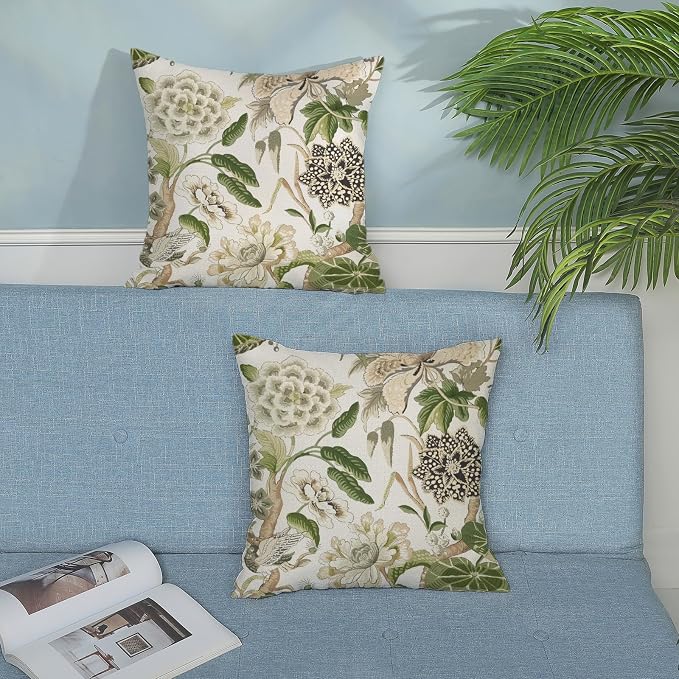 Green Pillow Covers 16x16 Inch Set of 2 Vintage Green Floral Throw Pillows Chinoiserie Flower Decorative Pillow Cases Outdoor Linen Farmhouse Cushion Covers for Couch Sofa Decorations