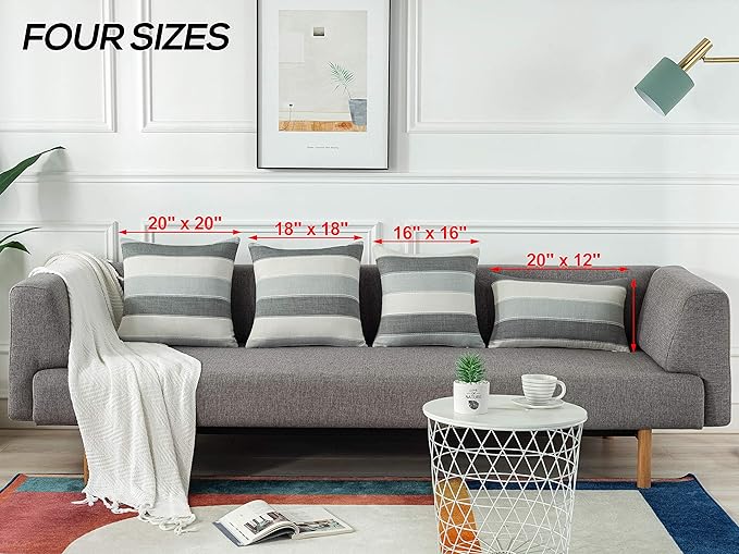 Pack of 2 Farmhouse Stripe Check Throw Pillow Covers Set Case Cotton Linen Decorative Pillowcases Cushion Cover for Couch Bench Sofa 20x20Inch Blue Beige