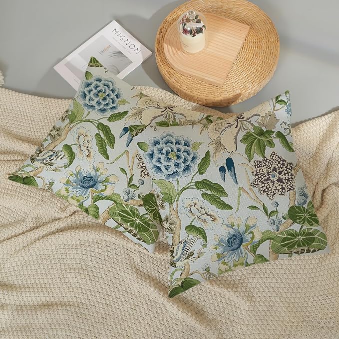 Baby Blue Green Pillow Covers 18x18 Inch Set of 2 Vintage Blue Floral Throw Pillows Chinoiserie Flower Decorative Pillow Case Outdoor Linen Farmhouse Cushion Cover for Couch Sofa Decorations