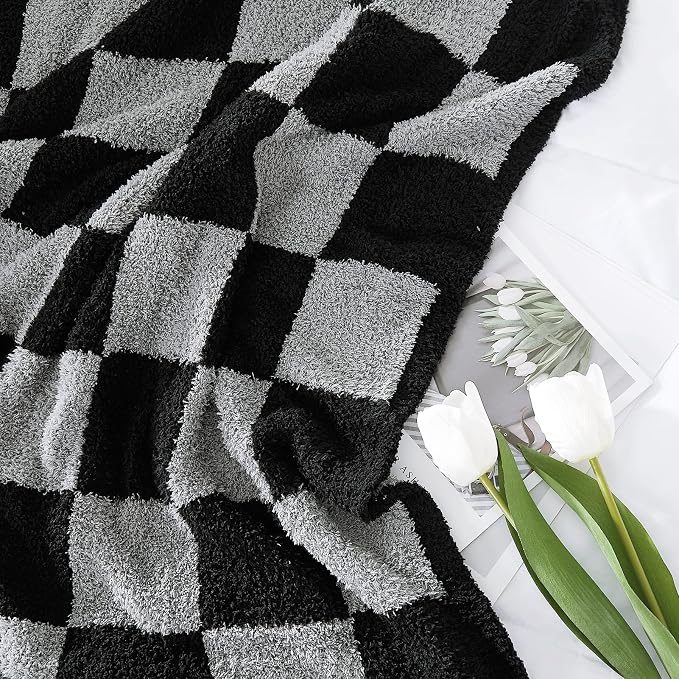 Soft Checkered Throw Blanket for Couch-Cozy Warm Knitted Blankets | Lightweight Warm Fluffy Decor for Women, Mom, Her & Girls, Sofa, Chair, Bed, 50x70in, Black Grey