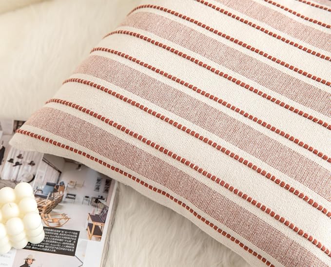 Cethom Decorative Boho Throw Pillow Covers, Farmhouse Textured Pillow Case, 22 x 22 Inch Set of 2, Chair Sofa Bedroom Living Room Home Decor Couch Cushion Case, Rust and Beige Striped