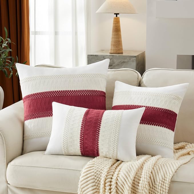 2pk Boho Pillow Covers 24x24, Natural White/Contrast/Red | 100% Organic Cotton Body, Stripe Embroidery, Farmhouse Decorative Cushion Covers for Sofa Bed Living Room Home Decor