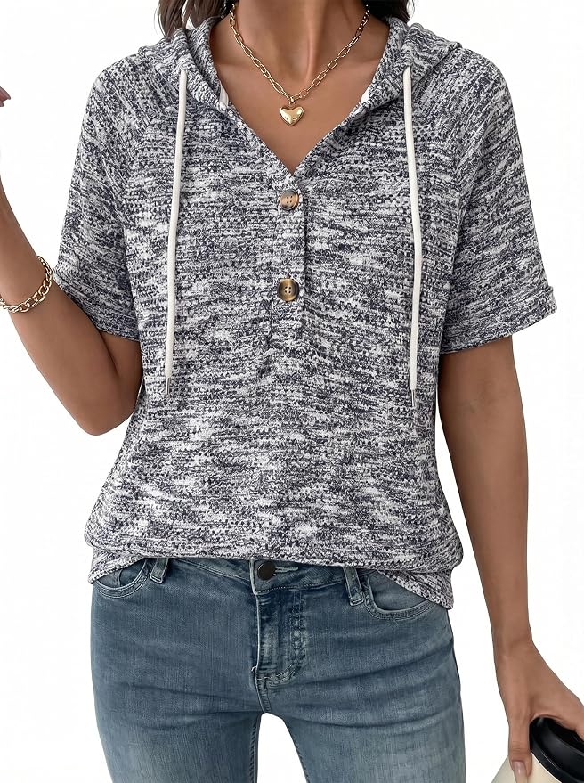 Dokotoo Womens Summer Tops 2026 Short Sleeve Button V Neck Waffle Knit Lightweight Drawstring Hoodies Casual Blouses Shirts