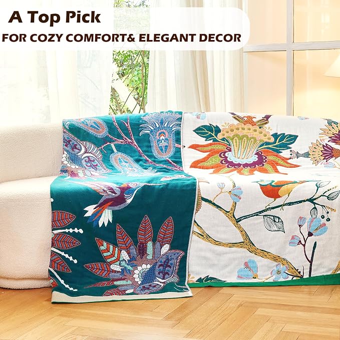 VANJOROY Boho Throw Blanket, 100% Organic Cotton Breathable Skin-Friendly Ultra Soft Bed Quilt Throw - All Season Floral Bird Farmhouse Décor Luxury Blanket for Sofa Couch Chair and Gift. 50" x 60"