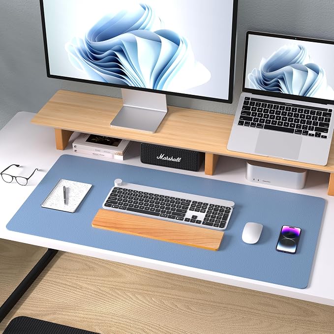 Aothia Leather Desk Pad Protector, Mouse Pad, Office Desk Mat, Non-Slip PU Leather Desk Blotter, Laptop Desk Pad, Waterproof Desk Writing Pad for Office and Home (Denim Blue, 36" x 17")
