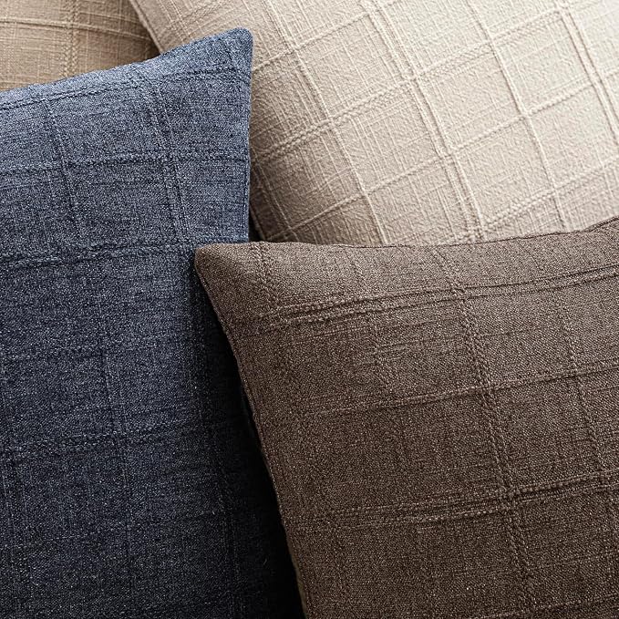 Foindtower Set of 2 Decorative Linen Check Throw Pillow Covers Neutral Farmhouse Vintage Cushion Covers Modern Boho Home Decor for Sofa Chair Couch Bedroom Living Room,18×18 Inch,Dark Brown