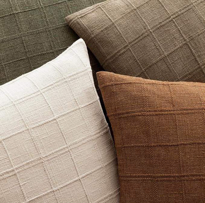 Foindtower Set of 2 Decorative Linen Check Throw Pillow Covers Neutral Farmhouse Vintage Cushion Covers Modern Boho Home Decor for Sofa Chair Couch Bedroom Living Room,22×22 Inch,Light Brown