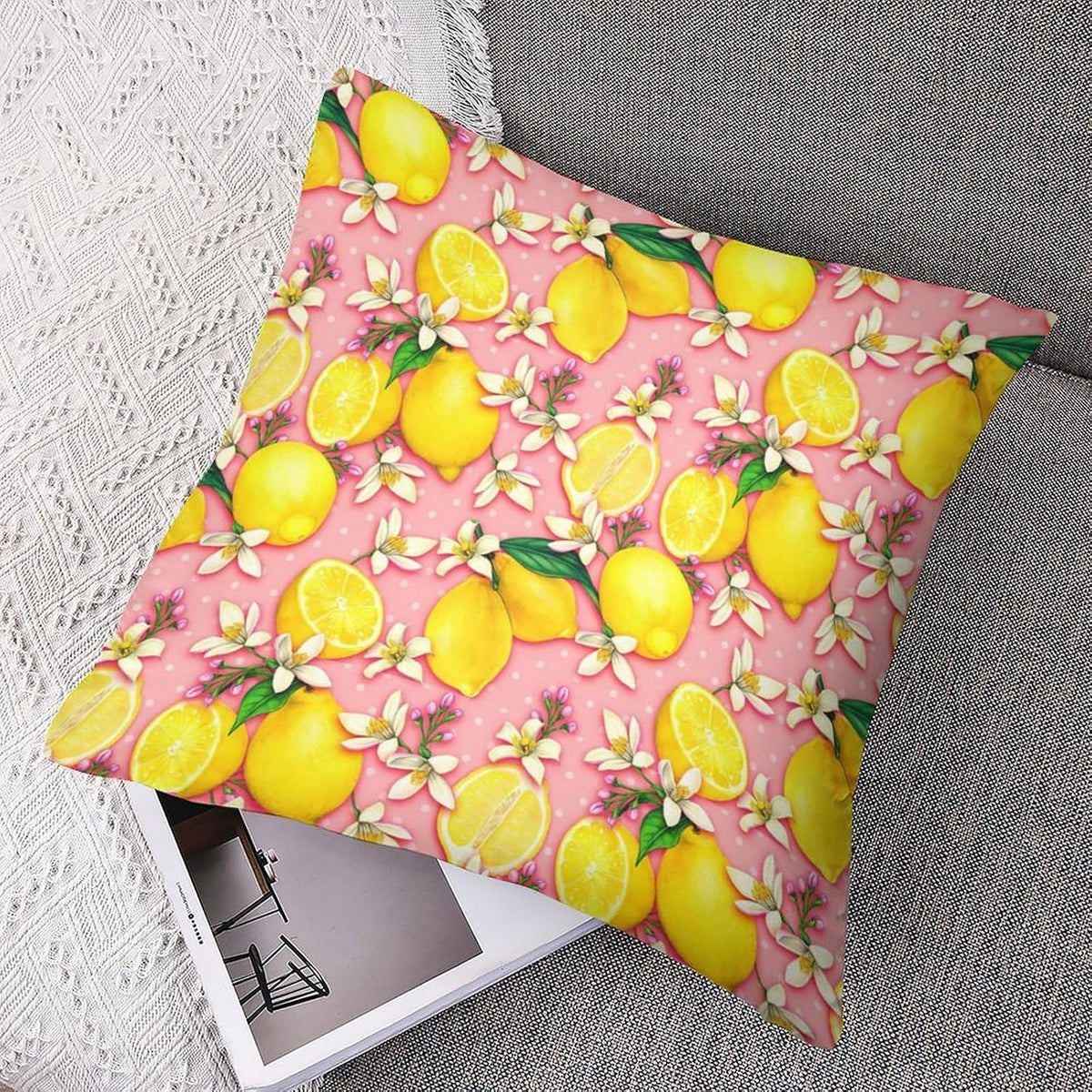 Yellow Lemon Throw Pillow Covers 16x16 Inch Set of 2, Cute Pink Fresh Fruit Summer Pillowcases Cushions for Couch Sofa Bedroom Living Room