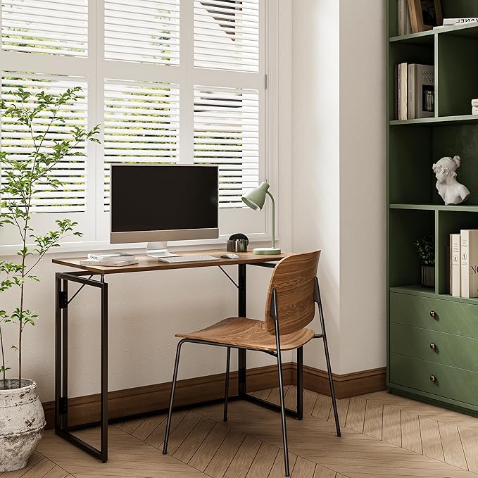 alawooder 31.5" Folding Desk: No Assembly, Wood Top for Small Spaces | Home office desk, holds 150 lbs, folds flat to 2.3 in, splash-proof wood top, sturdy metal frame