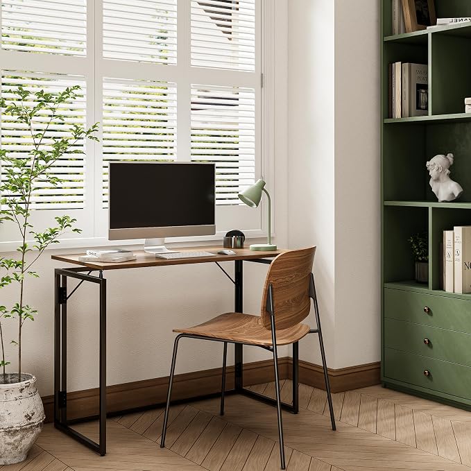 alawooder 39.4" Folding Desk: No Assembly, Wood Top for Small Spaces | 39.4 in dual-monitor workspace, holds 150 lbs, folds flat to 2.3 in, splash-proof top, home office or gaming