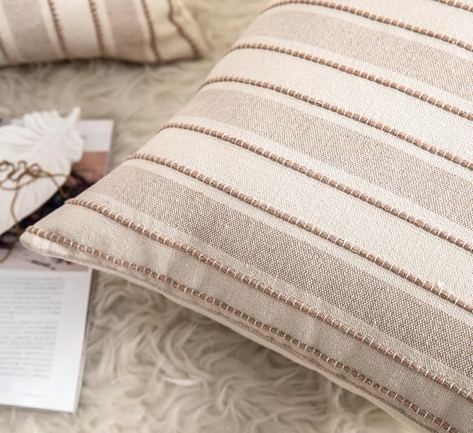 Cethom Decorative Boho Lumbar Throw Pillow Covers, Farmhouse Textured Pillow Case, 12 x 20 Inch Set of 2, Chair Sofa Bedroom Living Room Home Decor Couch Cushion Case, Tapue and Beige