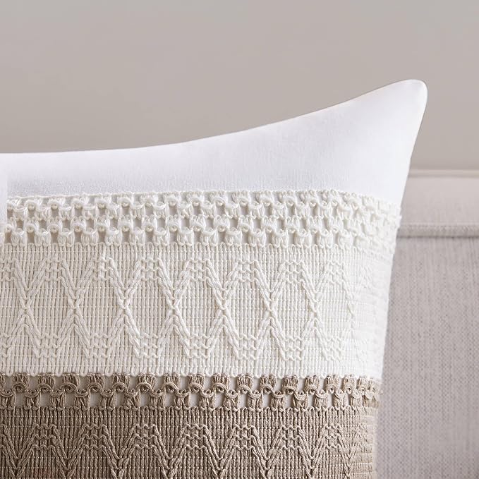 2pk Boho Pillow Covers 18x18, Natural White/Contrast/Cocoa Brown | 100% Organic Cotton Body, Stripe Embroidery, Farmhouse Decorative Cushion Covers for Sofa Bed Living Room Home Decor