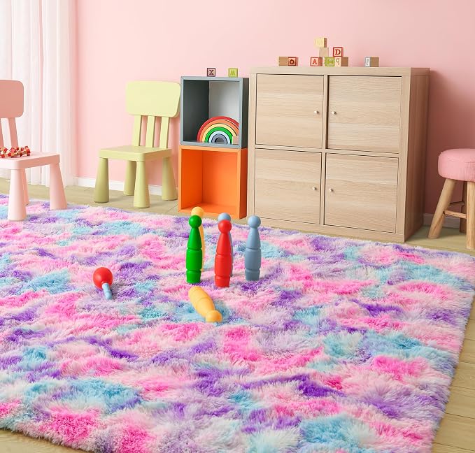 Tepook Pink Blue Purple Area Rug for Girls Room, Fluffy 8x10 Cute Soft Colorful Kids Rugs for Bedroom Dorm Classroom Nursery Playroom, Fuzzy Shaggy Rainbow Princess Carpet for Toddler Home Decor