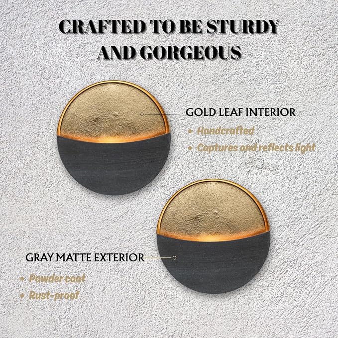 Eclipse Candle Sconces Set of 2, Wall Candle Holders with Gold Interior | Modern Gray Metallic Wall Candlestick Holders with Golden Foil Christmas Decor for Living Room, Bedroom, or Farmhouse Decor