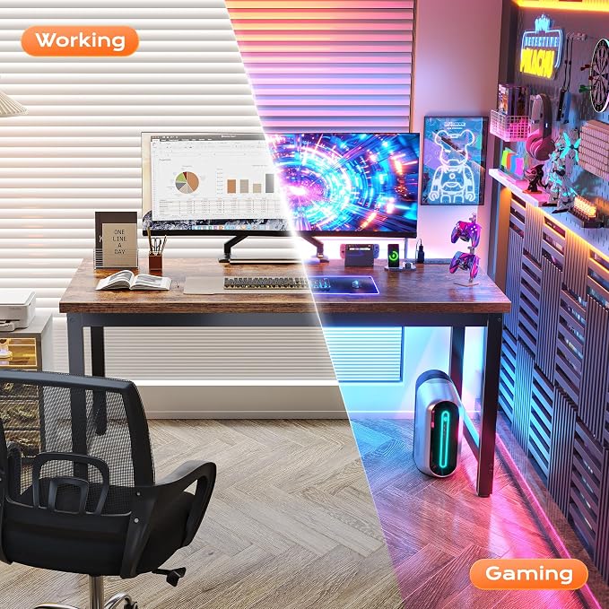Huuger 55 x 24 inch Desk with Power Outlets & USB-C, Deeper & Thicker Desktop, Robust Metal Tubes, Computer Desk, Heavy Duty Office Desk, Work Gaming Desk for Home Office, Rustic Brown