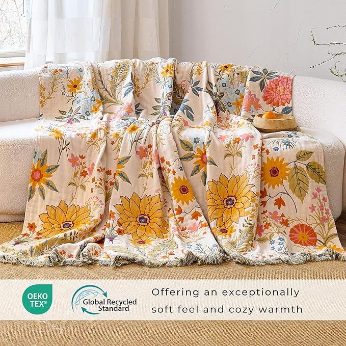 Boho Throw Blanket for Home Decor,Ultra Soft Spring Rustic Classic Quilt,100% Cotton Muslin Blankets for Adults, Reversible Woven Decorative Blanket for Bed Layering Use, Colorful Floral, 60"x80"