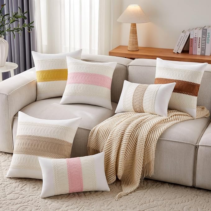 2pk Boho Pillow Covers 20x20, Natural White/Contrast/Mustard Yellow | 100% Organic Cotton Body, Stripe Embroidery, Farmhouse Decorative Cushion Covers for Sofa Bed Living Room Home Decor