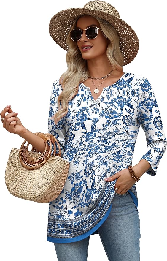 OFEEFAN Summer Boho Tops For Women 3/4 Length Sleeve Womens Tops Vacation Outfits