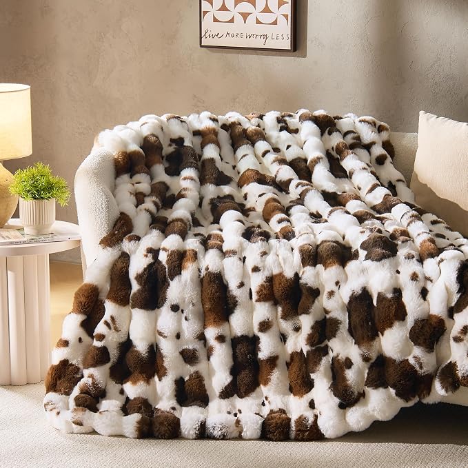 DOWNCOOL Faux Rabbit Fur Throw Blanket, Soft Fluffy Fuzzy Plush Bubble Blanket for Couch Sofa & Bed, Cozy Warm Luxury Fleece Minky Blanket, 60x80 Inches Cow Print-Brown