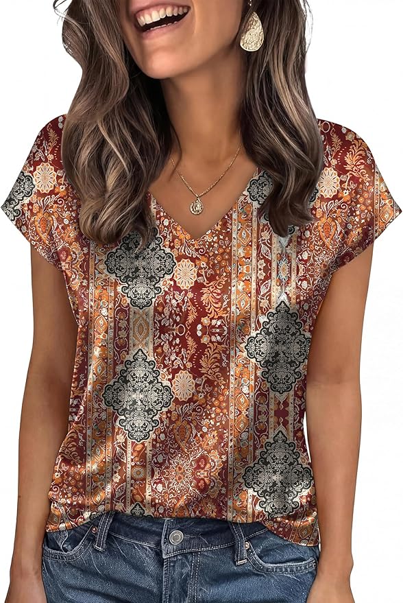 WIHOLL Womens Satin Summer Tops Cap Short Sleeve Blouses V Neck Shirts Business Casual Outfits Fashion Clothing 2026