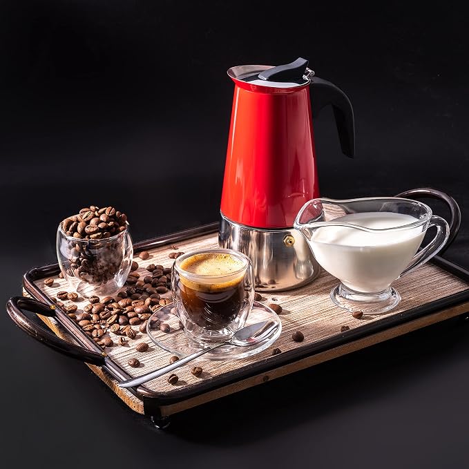 Mixpresso 6 Cup Greca Moka Pot Red Stainless Steel Stovetop Espresso Maker | 300ml/10oz Italian stovetop coffee maker with classic percolator design, ideal for preparing coffee at home or while camping